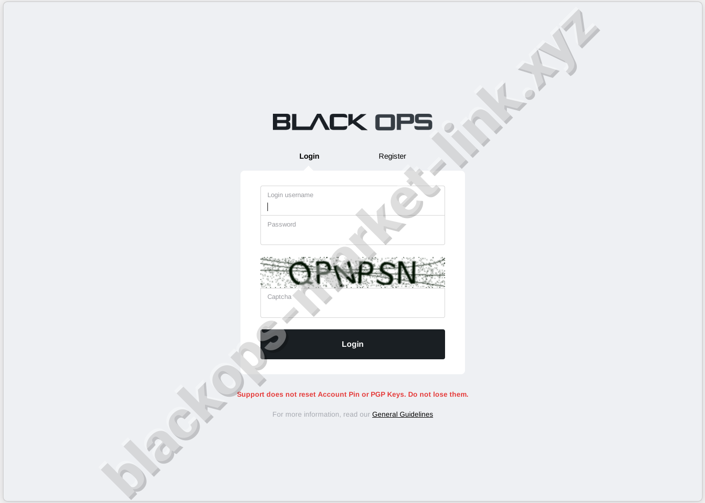 BlackOps market login page — PGP key and 2FA required